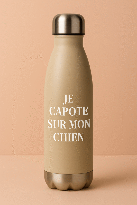Gourde beige avec phrase Je capote sur mon chien – idée cadeau original pour femme qui aime les chiens